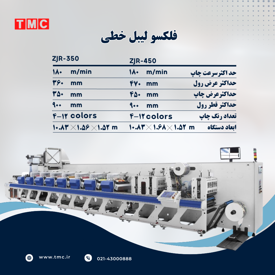 دستگاه فلکسو لیبل خطی مدل ZJR-350 و ZJR-450 شرکت TMC برای چاپ لیبل چندرنگ